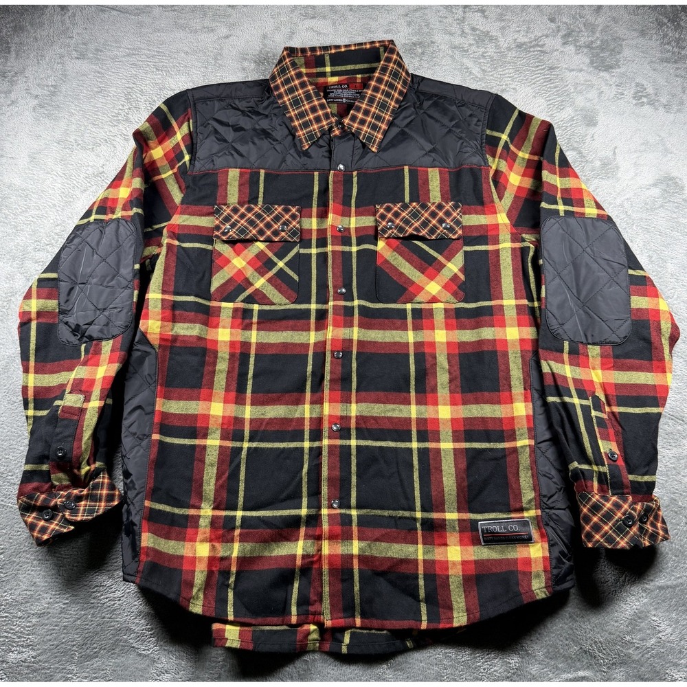 Troll Co Shirt Mens L Red Yellow Plaid Snap Front Black Quilted Panels